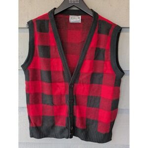 Vintage Le Tigre Sweater Vest Mens Medium Red Plaid Button V Neck USA 80s